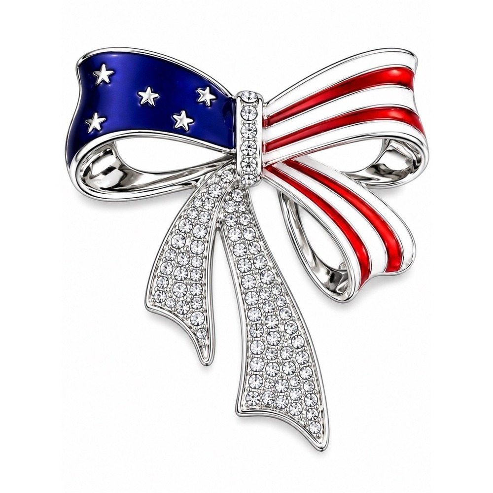 New Patriotic American Flag Bow Rhinestone Brooch Pin Silver Tone Red White Blue